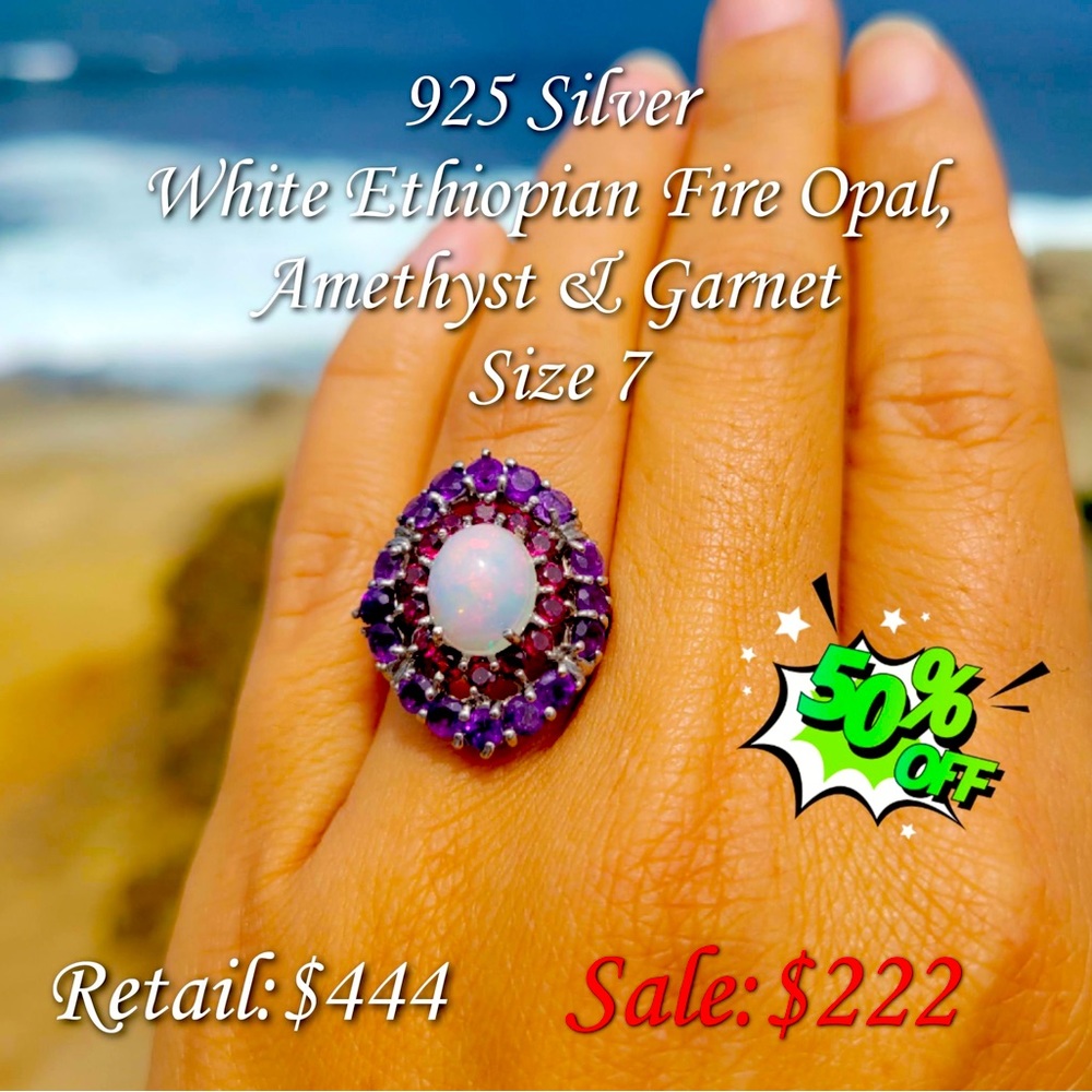 925 Sterling Silver Ring w/ Full Fire Ethiopian Opal/Garnets & Amethysts! Size 7